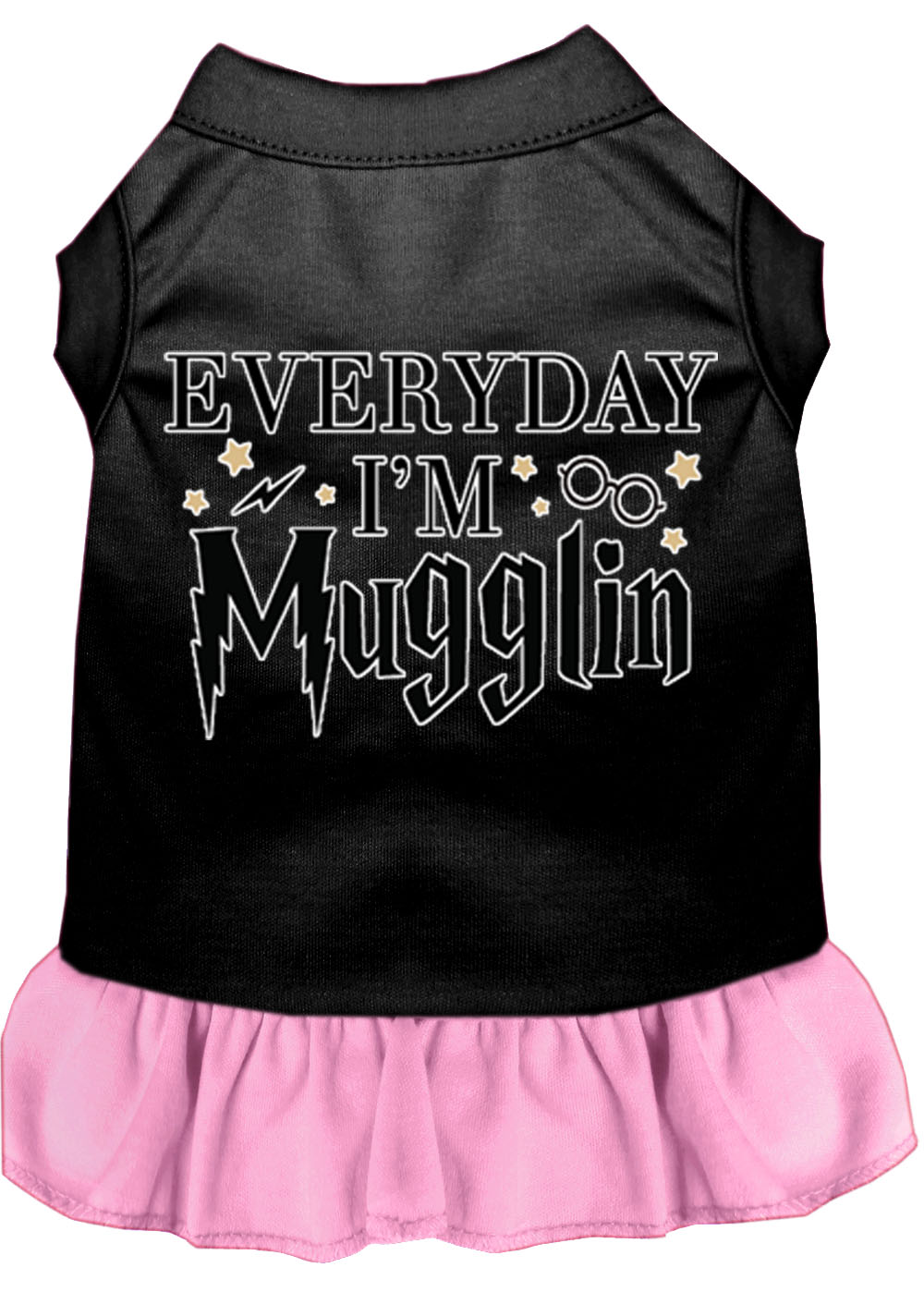 Everyday I'm Mugglin Screen Print Dog Dress Black with Light Pink Lg
